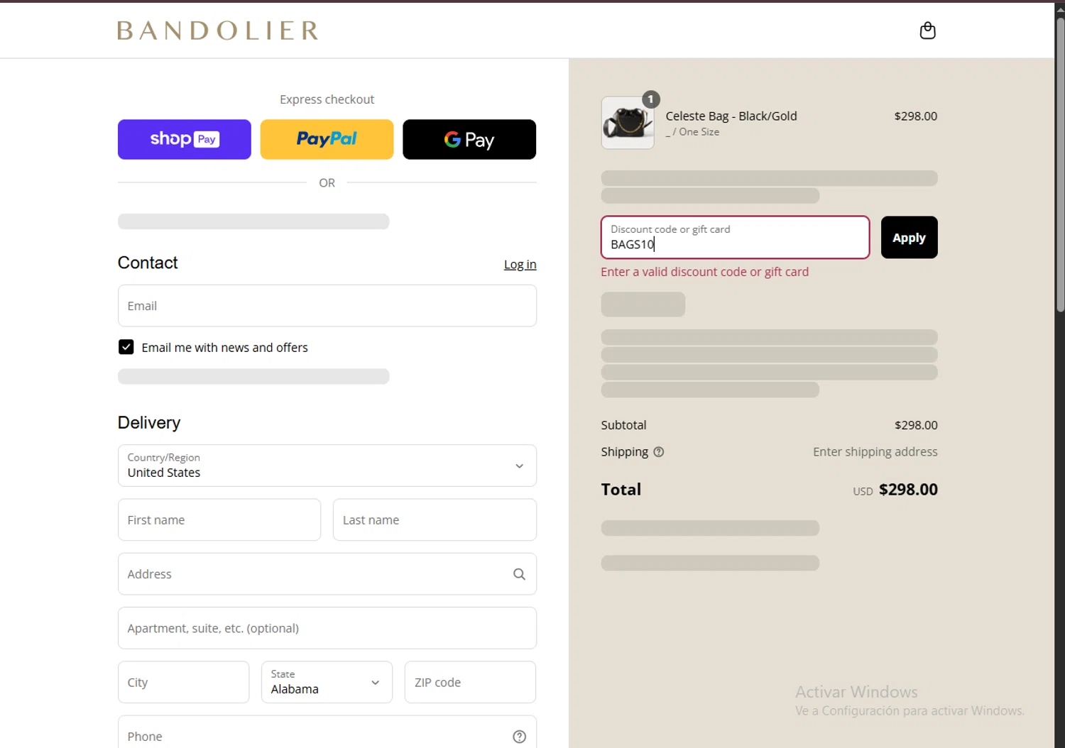 Bandolier coupon code screenshot showing code BAGS10 applied at Bandolier checkout page. Uploaded by SimplyCodes community member TreasureHero9595 on Aug 19, 2025