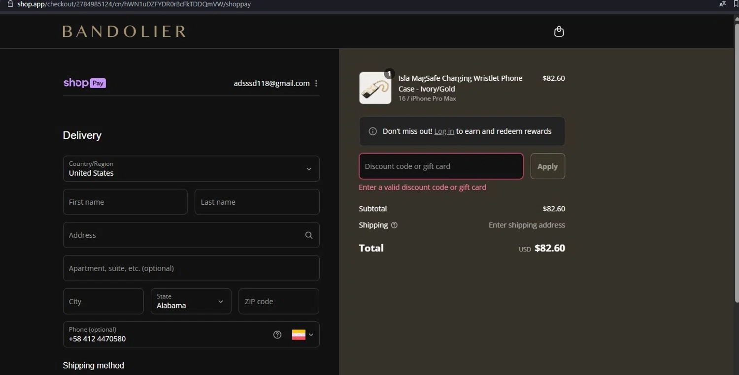 Bandolier coupon code screenshot showing code TOP10 applied at Bandolier checkout page. Uploaded by SimplyCodes community member CleverAdmiral2537 on Aug 17, 2025