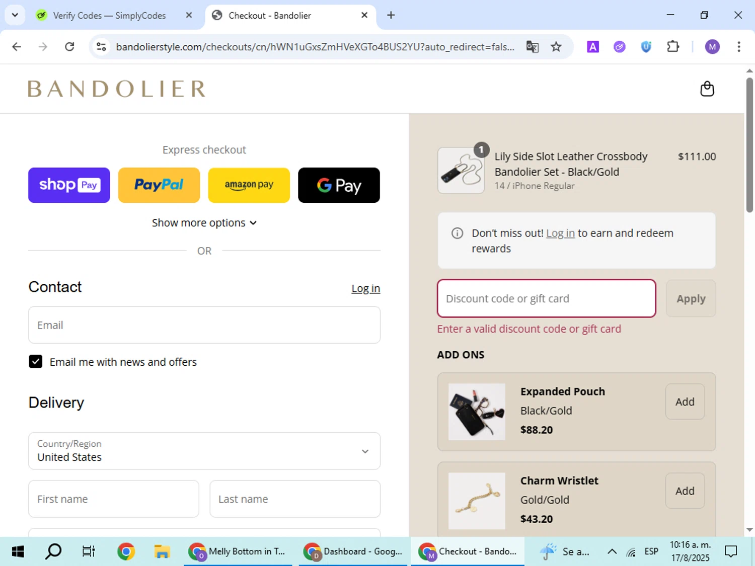 Bandolier coupon code screenshot showing code TOP10 applied at Bandolier checkout page. Uploaded by SimplyCodes community member VoucherScout6115 on Aug 17, 2025