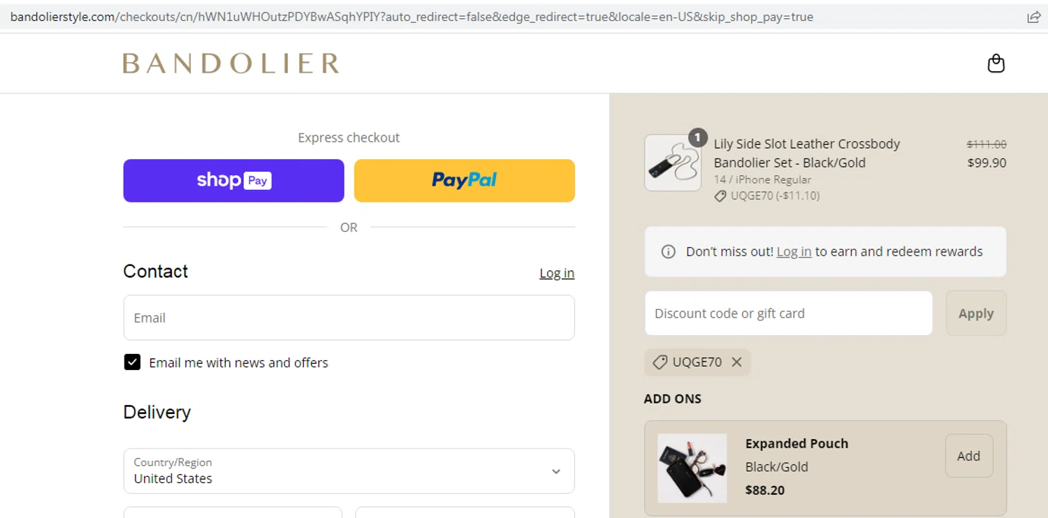 Bandolier coupon code screenshot showing code UQGE70 applied at Bandolier checkout page. Uploaded by SimplyCodes community member EMILIANOMASABE on Aug 17, 2025