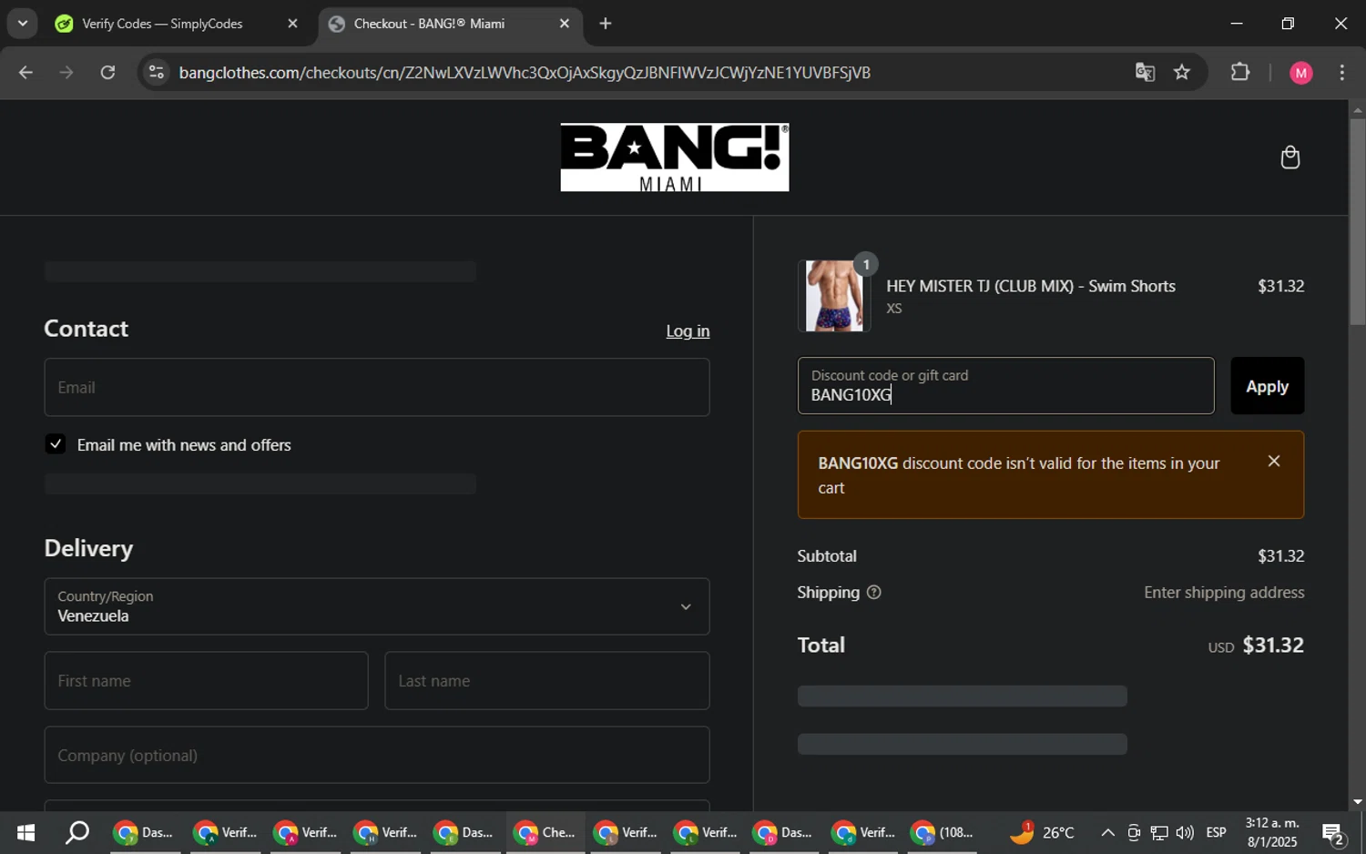 Bang Clothes discount code screenshot showing code BANG10XG applied at Bang Clothes checkout page. Uploaded by SimplyCodes community member CBR600 on Jan 8, 2025