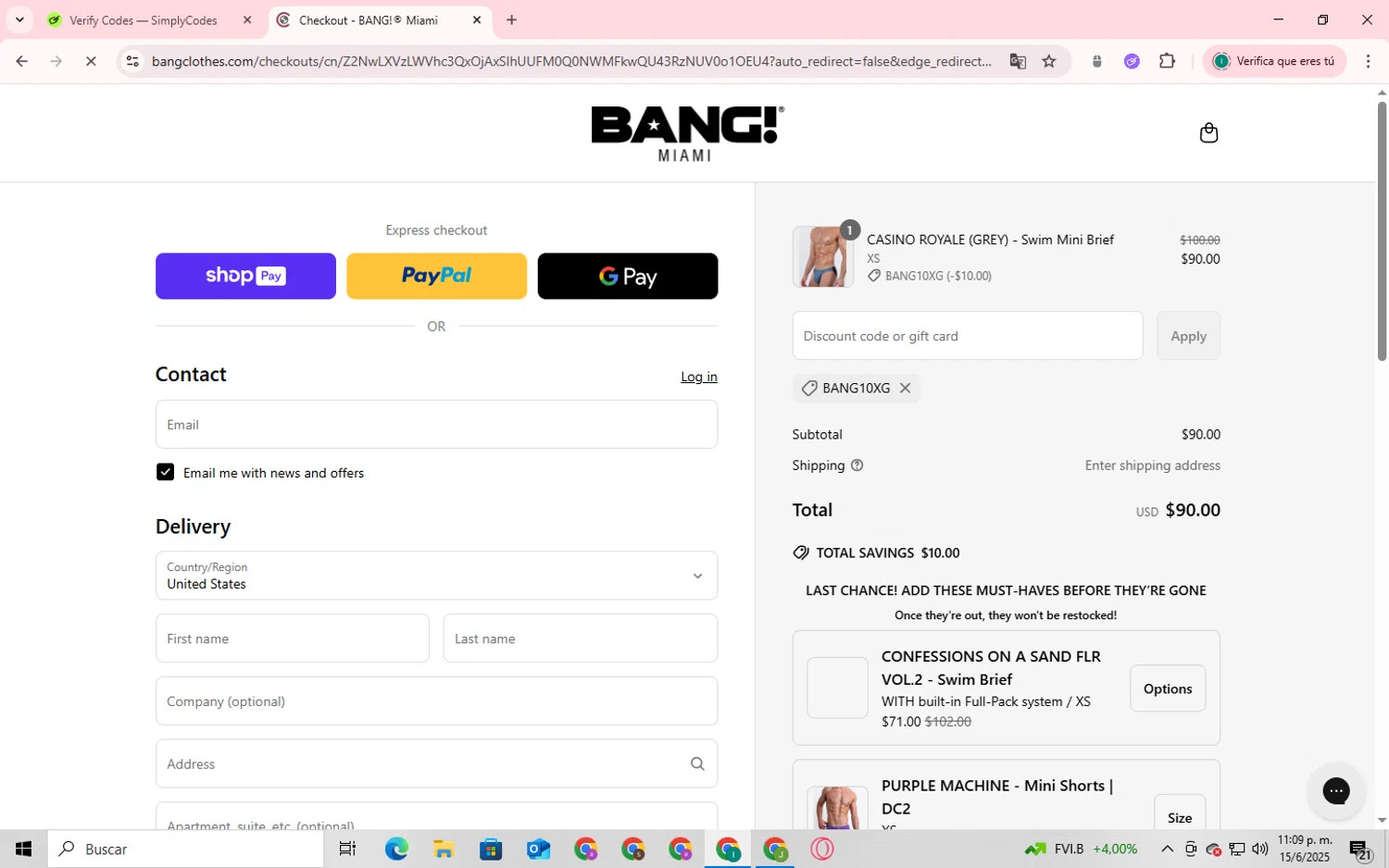 Bang Clothes discount code screenshot showing code BANG10XG applied at Bang Clothes checkout page. Uploaded by SimplyCodes community member SmartShopper4328 on Jun 15, 2025