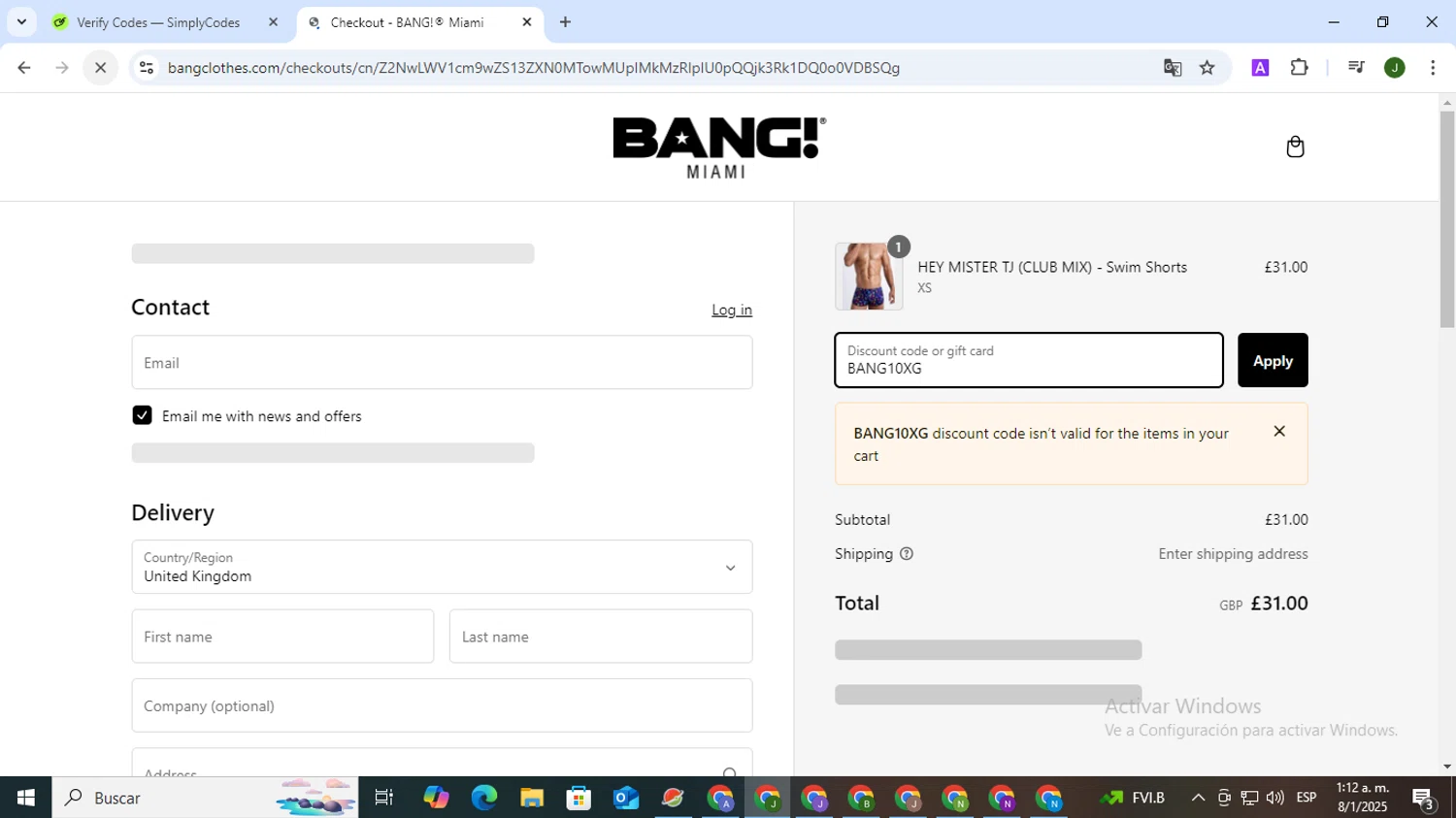 Bang Clothes discount code screenshot showing code BANG10XG applied at Bang Clothes checkout page. Uploaded by SimplyCodes community member CleverSeeker3529 on Jan 8, 2025