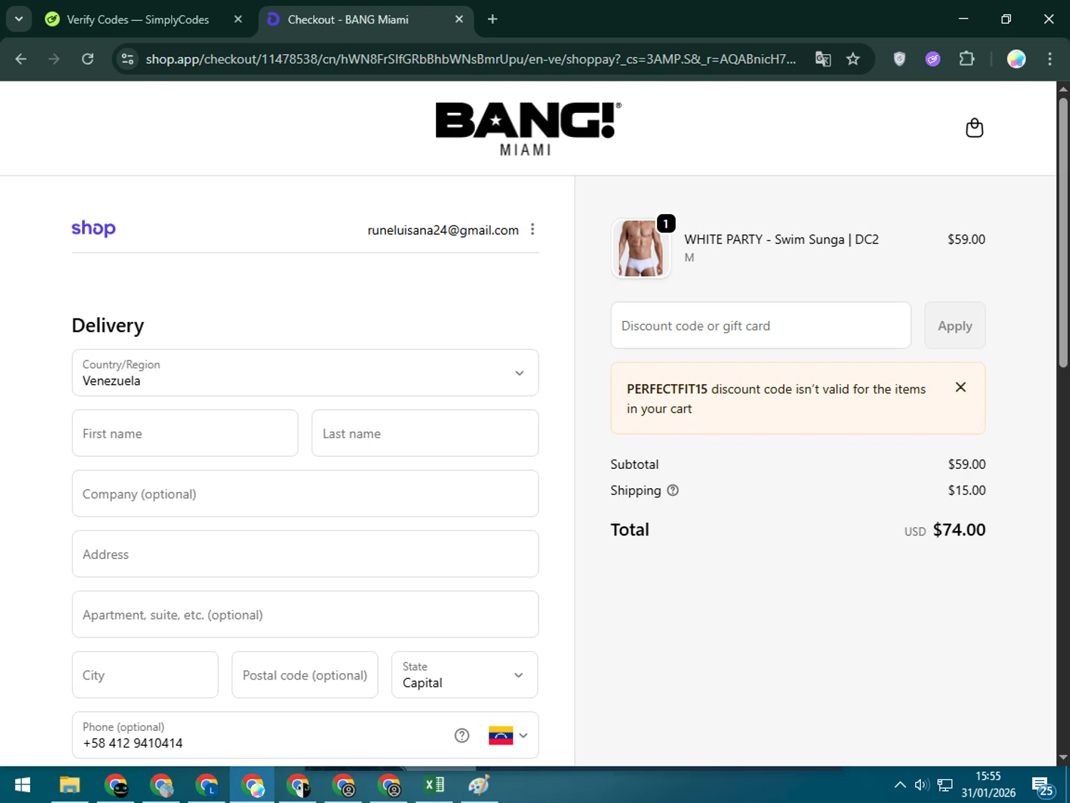 Bang Clothes discount code screenshot showing code PERFECTFIT15 applied at Bang Clothes checkout page. Uploaded by SimplyCodes community member Estrellitacoairis on Jan 31, 2026
