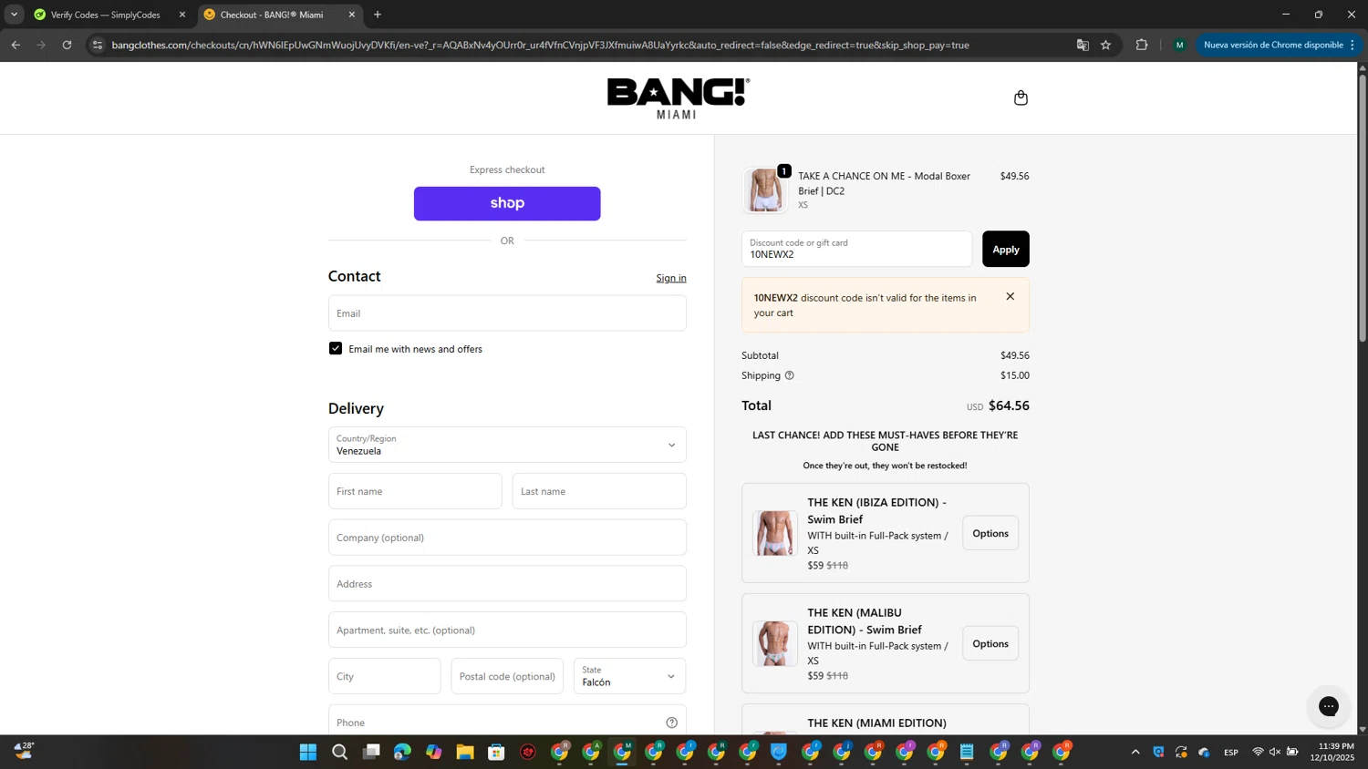 Bang Clothes discount code screenshot showing code 10NEWX2 applied at Bang Clothes checkout page. Uploaded by SimplyCodes community member MDLECHUZA on Dec 11, 2025