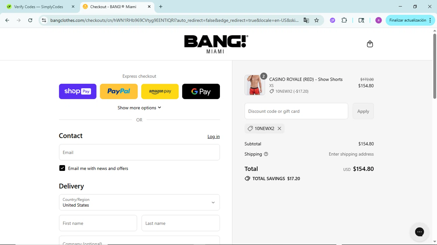 Bang Clothes discount code screenshot showing code 10NEWX2 applied at Bang Clothes checkout page. Uploaded by SimplyCodes community member PennyBoss9589 on Aug 5, 2025