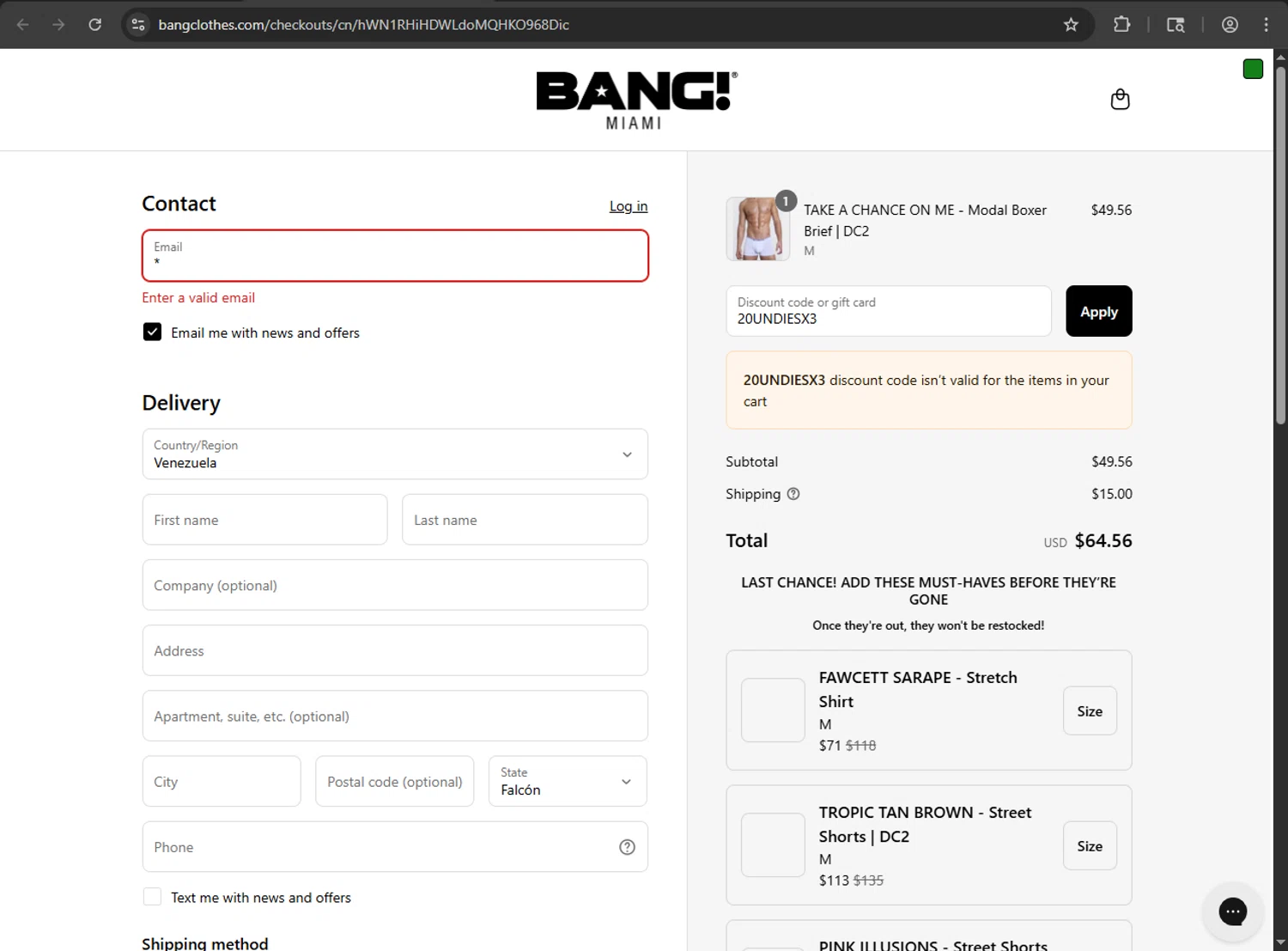 Bang Clothes discount code screenshot showing code 20UNDIESX3 applied at Bang Clothes checkout page. Uploaded by SimplyCodes community member RINITOSHI on Aug 5, 2025