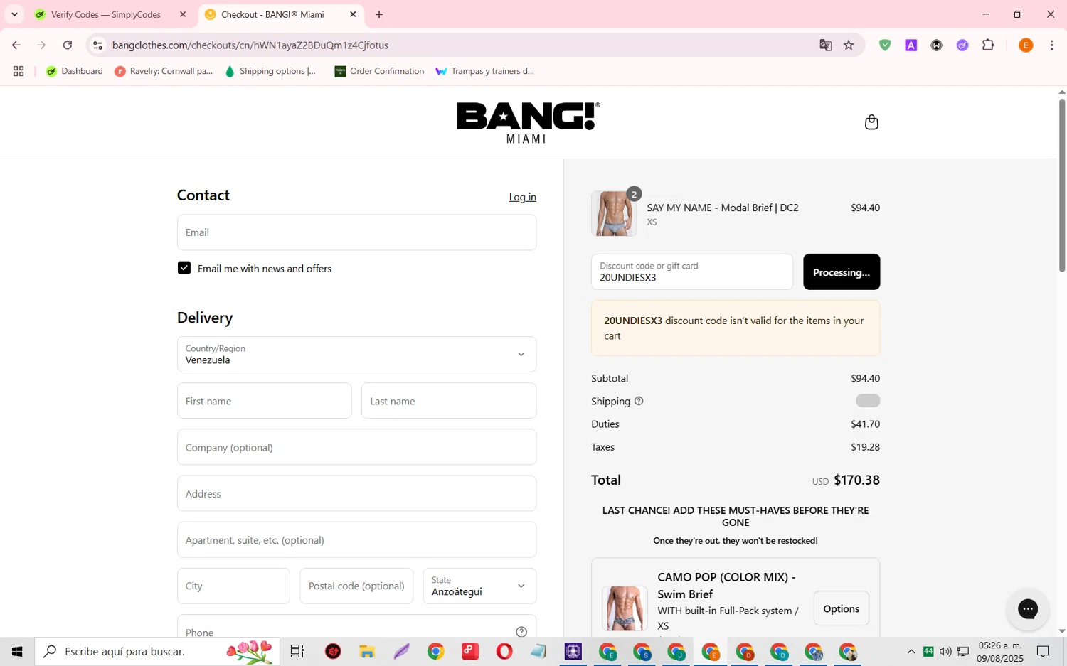 Bang Clothes discount code screenshot showing code 20UNDIESX3 applied at Bang Clothes checkout page. Uploaded by SimplyCodes community member RewardFalcon3197 on Aug 9, 2025