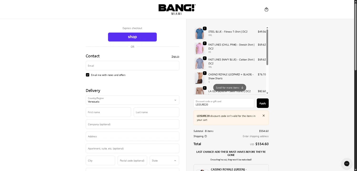 Bang Clothes discount code screenshot showing code LEISURE20 applied at Bang Clothes checkout page. Uploaded by SimplyCodes community member BargainCurator5453 on Dec 9, 2025