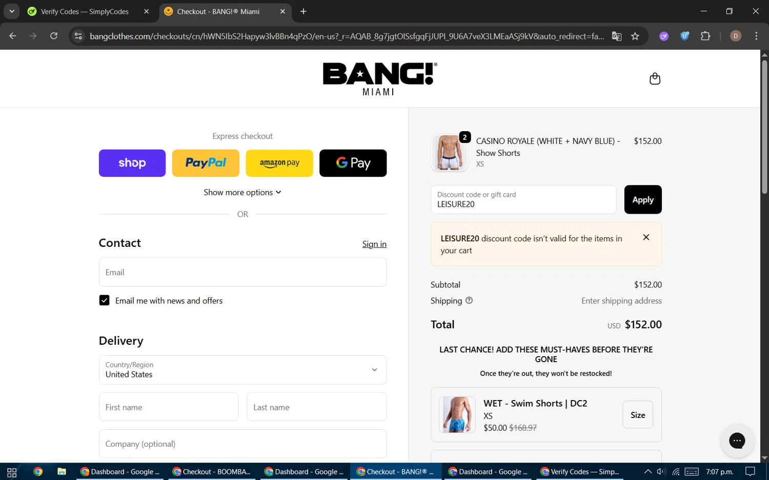 Bang Clothes discount code screenshot showing code LEISURE20 applied at Bang Clothes checkout page. Uploaded by SimplyCodes community member BrilliantWizard8884 on Nov 14, 2025
