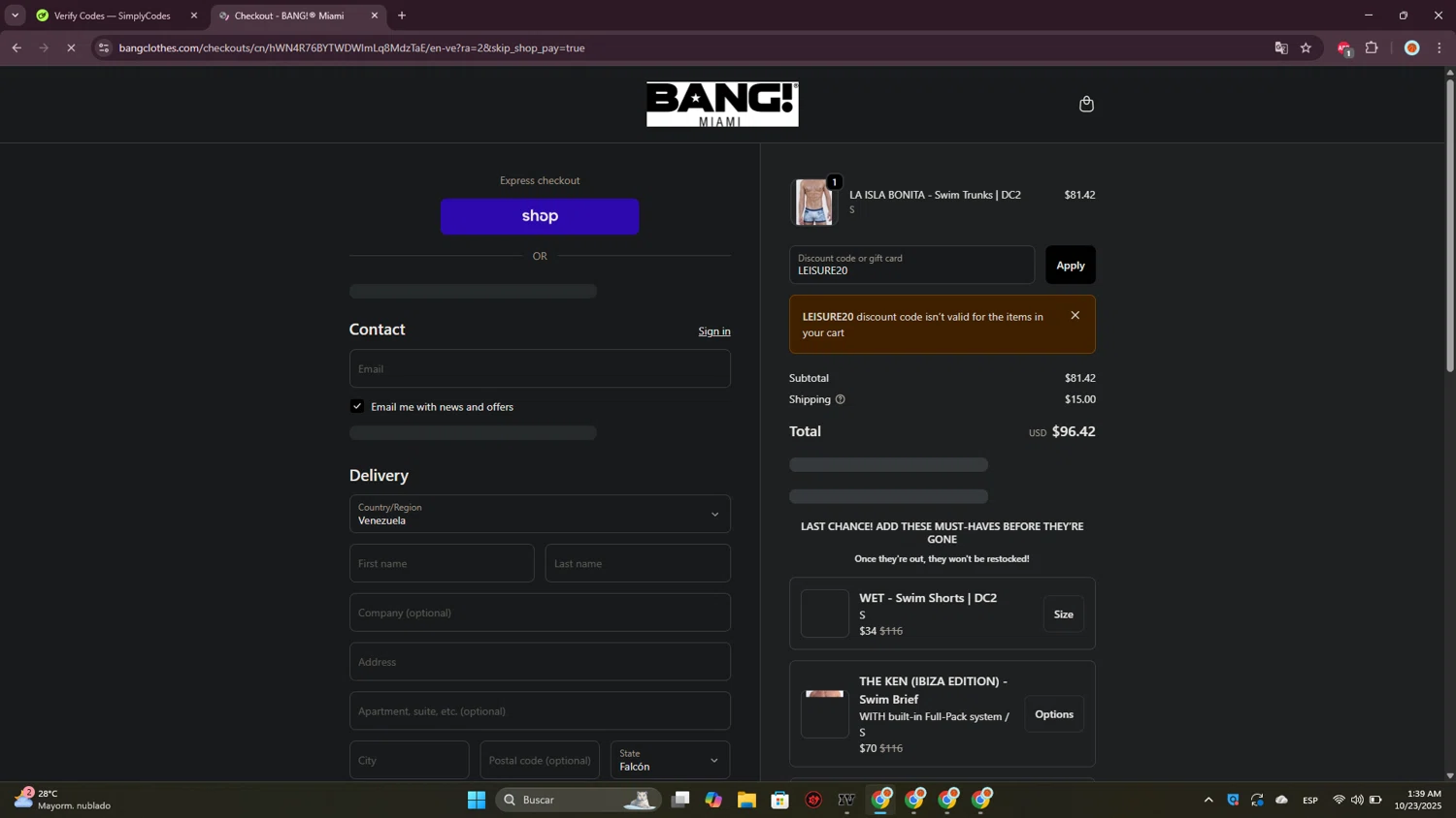 Bang Clothes discount code screenshot showing code LEISURE20 applied at Bang Clothes checkout page. Uploaded by SimplyCodes community member CrownPioneer7057 on Oct 23, 2025
