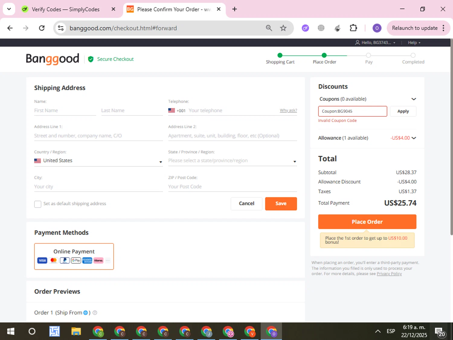 BangGood promo code screenshot showing code Coupon:BG9045 applied at BangGood checkout page. Uploaded by SimplyCodes community member CleverLynx8245 on Dec 22, 2025