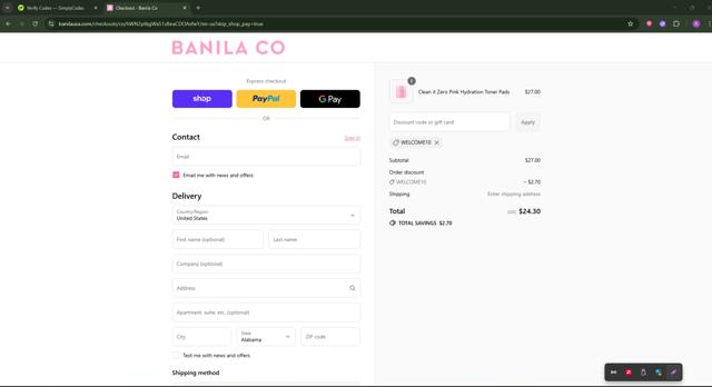 Banila Co. checkout page showing Banila Co. promo code box | Screenshot taken by SimplyCodes community member on Sep 11, 2025