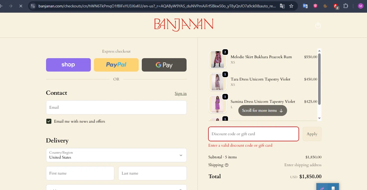 Banjanan discount code screenshot showing code WELCOME10% applied at Banjanan checkout page. Uploaded by SimplyCodes community member MightyTracker1549 on Dec 16, 2025