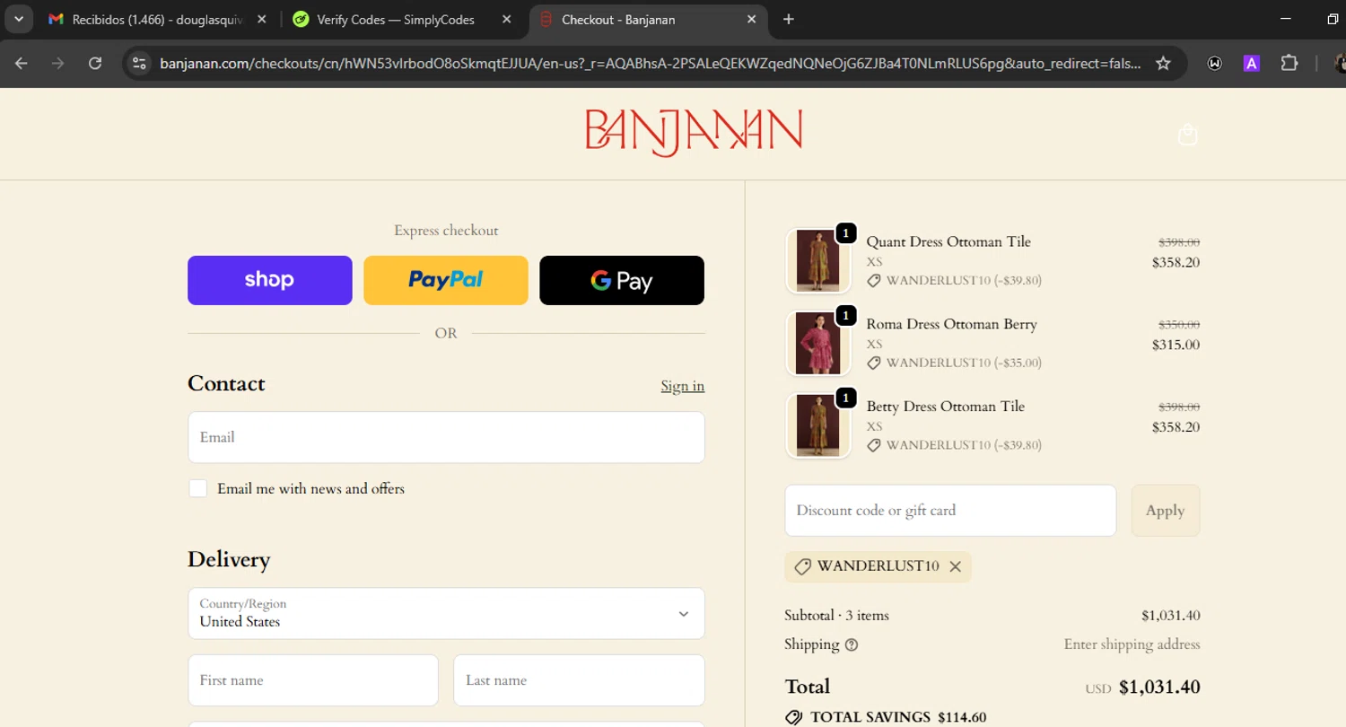 Banjanan discount code screenshot showing code wanderlust10 applied at Banjanan checkout page. Uploaded by SimplyCodes community member WiseLegend5590 on Nov 8, 2025