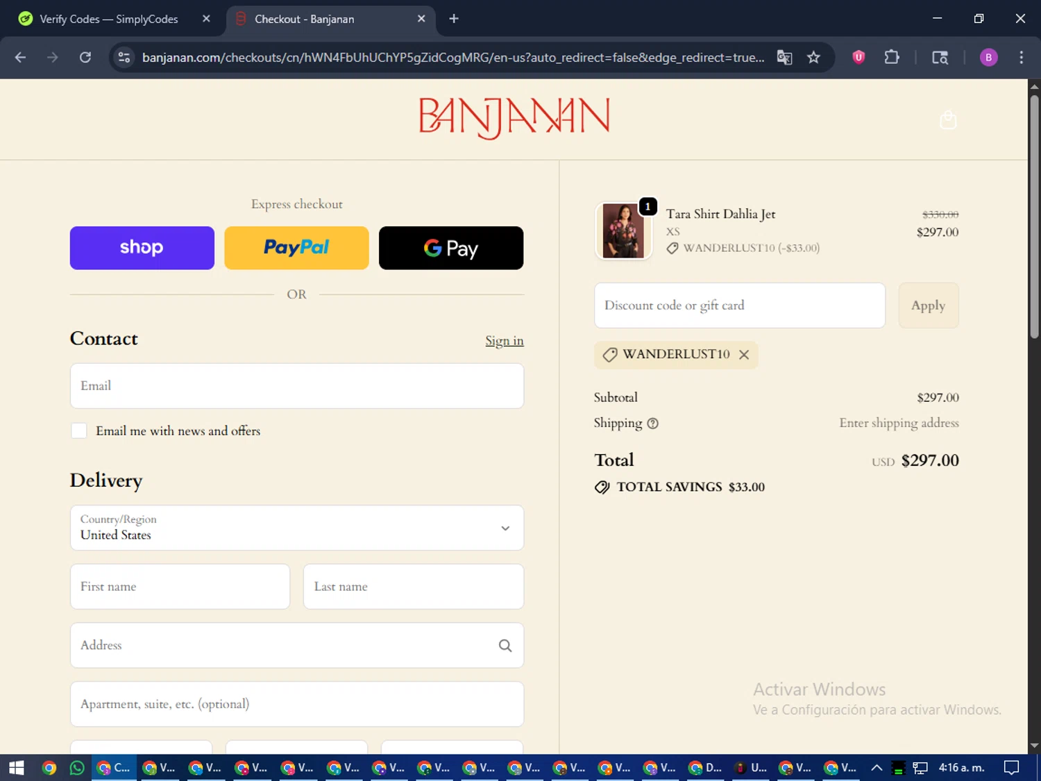 Banjanan discount code screenshot showing code wanderlust10 applied at Banjanan checkout page. Uploaded by SimplyCodes community member travisscott on Oct 18, 2025