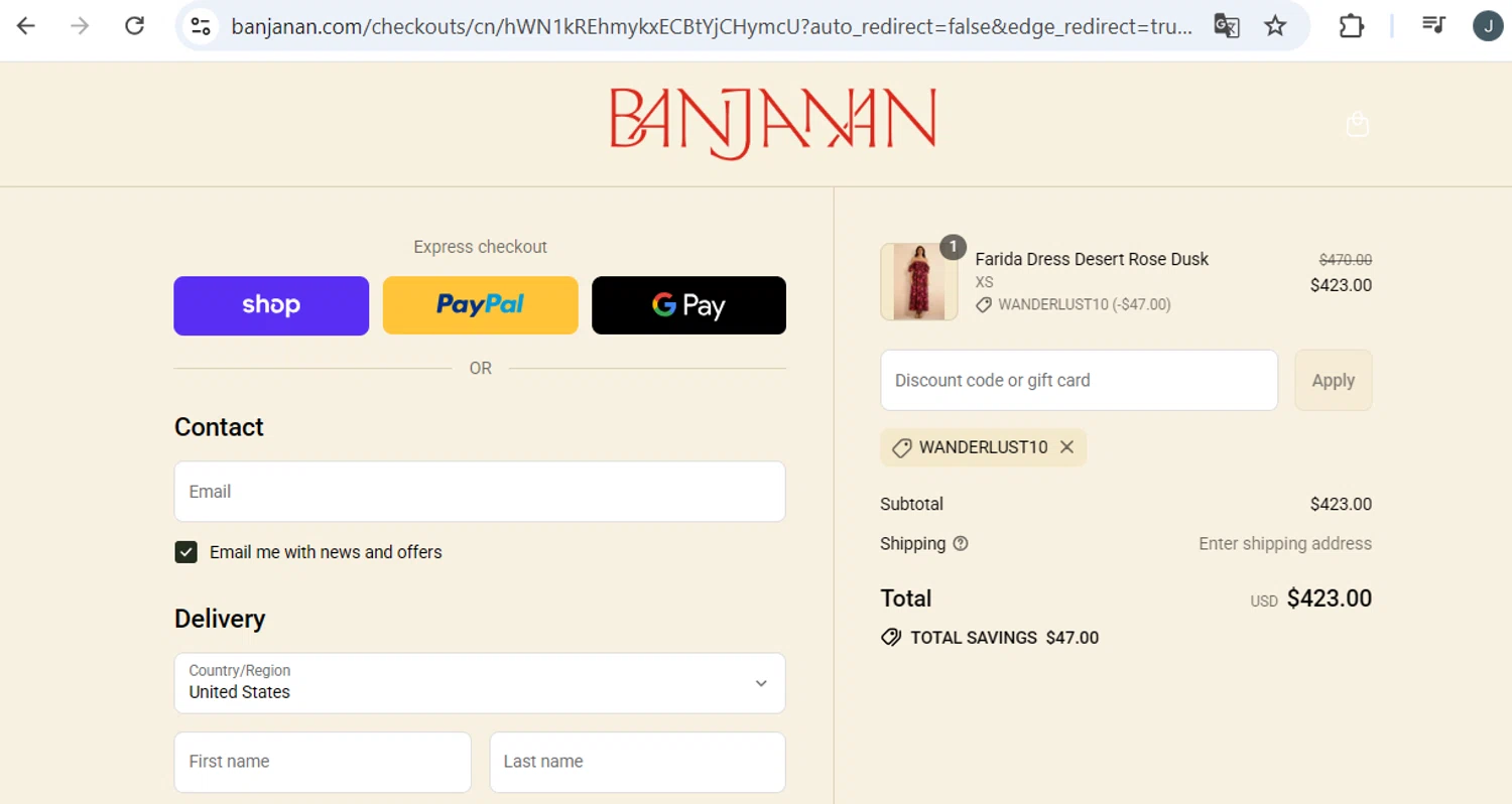 Banjanan discount code screenshot showing code wanderlust10 applied at Banjanan checkout page. Uploaded by SimplyCodes community member BB9542251456527 on Aug 13, 2025