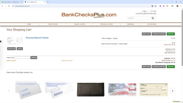 Bank Checks Plus checkout page showing Bank Checks Plus coupon code box | Screenshot taken by SimplyCodes community member on Aug 29, 2025