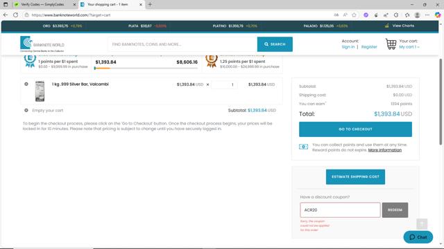 Banknote World checkout page showing Banknote World discount code box | Screenshot taken by SimplyCodes community member on Aug 26, 2025