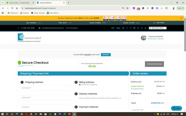 Banknote World checkout page showing Banknote World discount code box | Screenshot taken by SimplyCodes community member on Aug 11, 2025