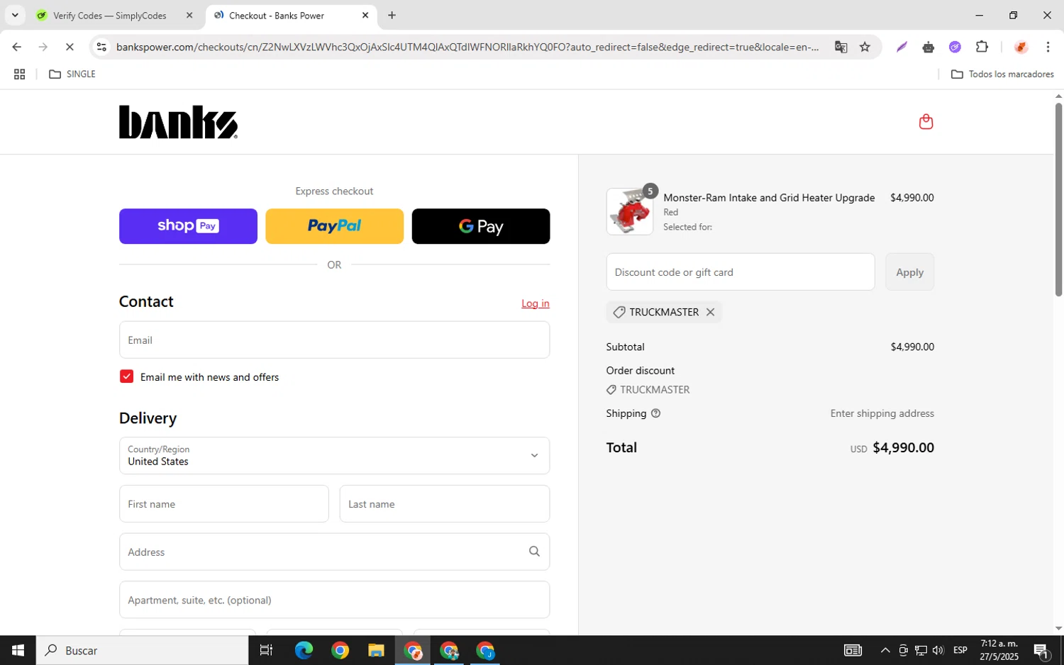 Banks Power discount code screenshot showing code TRUCKMASTER applied at Banks Power checkout page. Uploaded by SimplyCodes community member donaldJtrump on May 27, 2025