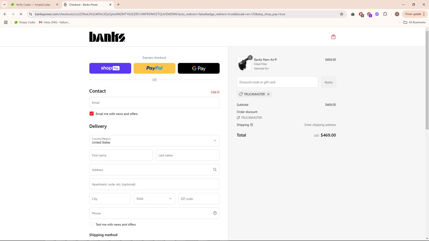 Banks Power discount code screenshot showing code TRUCKMASTER applied at Banks Power checkout page. Uploaded by SimplyCodes community member PrimeMaverick7854 on Apr 28, 2025