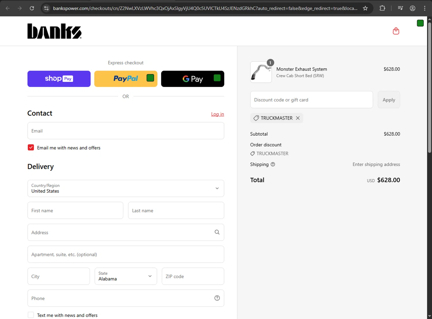 Banks Power discount code screenshot showing code TRUCKMASTER applied at Banks Power checkout page. Uploaded by SimplyCodes community member luffyreturn on Jun 6, 2025
