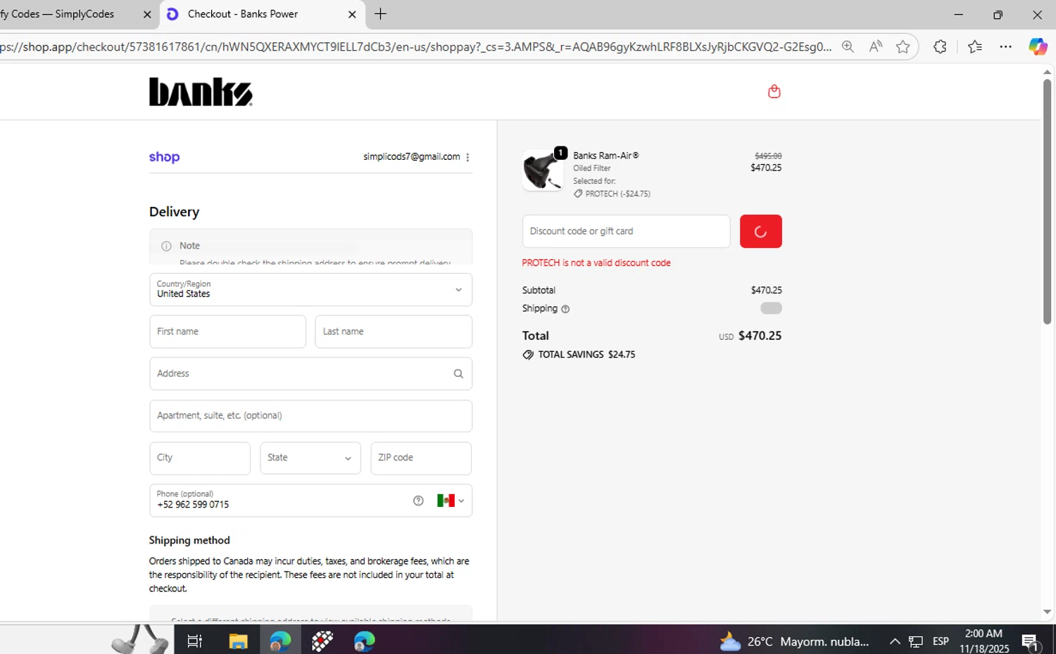 Banks Power discount code screenshot showing code PROTECH applied at Banks Power checkout page. Uploaded by SimplyCodes community member PromoPioneer5927 on Nov 18, 2025