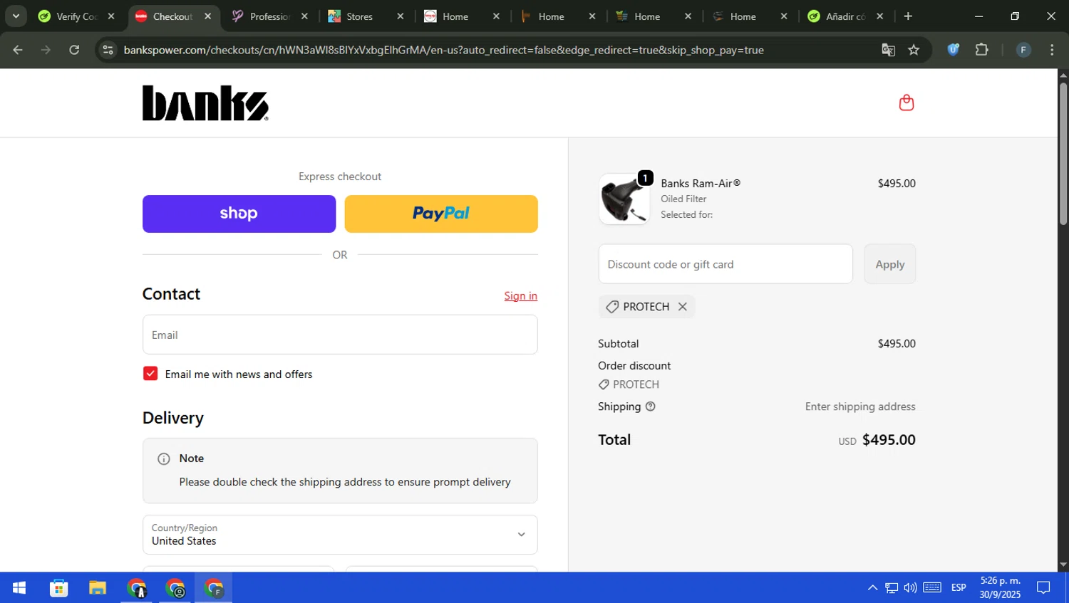 Banks Power discount code screenshot showing code PROTECH applied at Banks Power checkout page. Uploaded by SimplyCodes community member pajarito on Sep 30, 2025