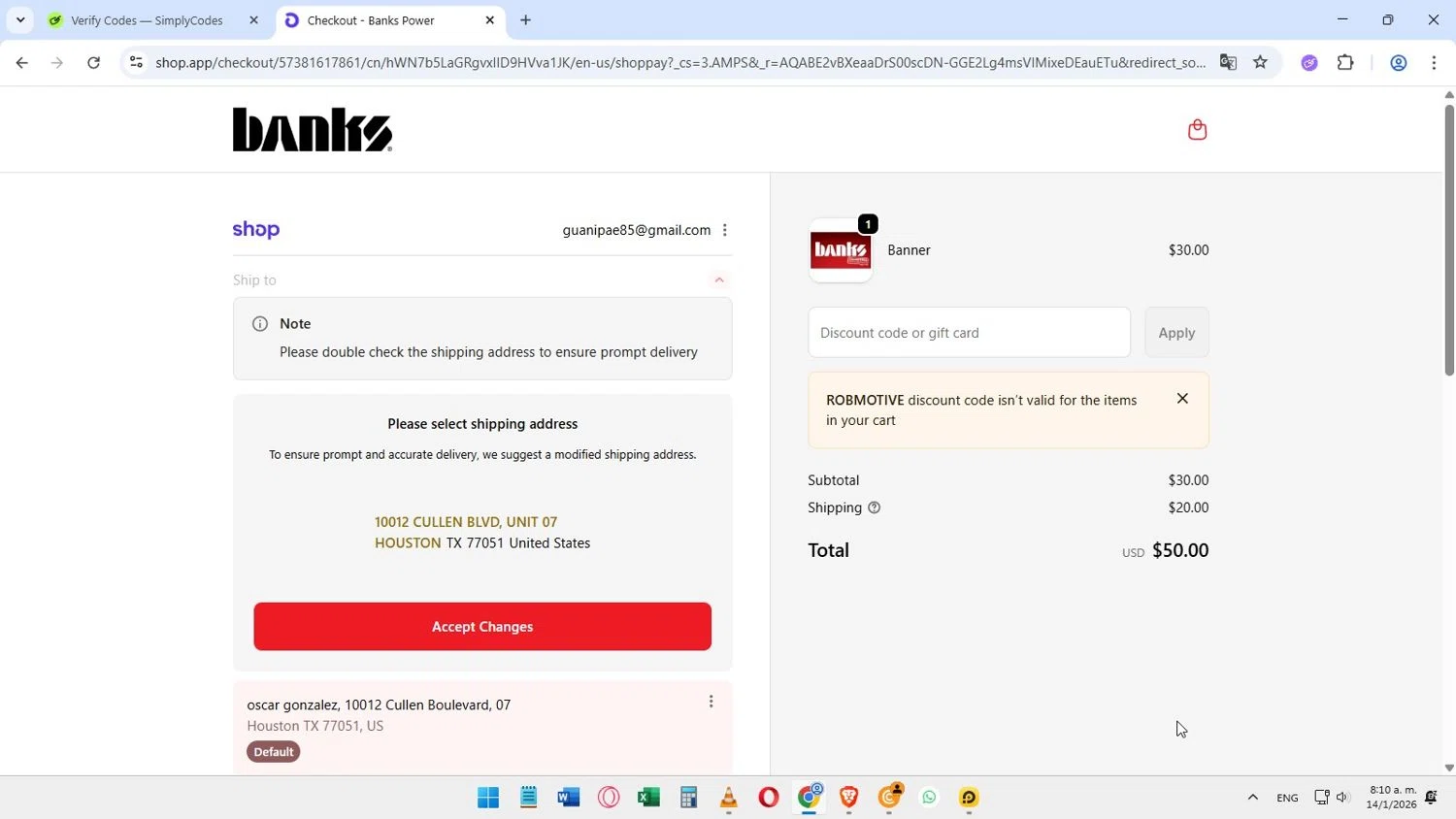 Banks Power checkout page showing Banks Power discount code box | Screenshot taken by SimplyCodes community member on Jan 14, 2026