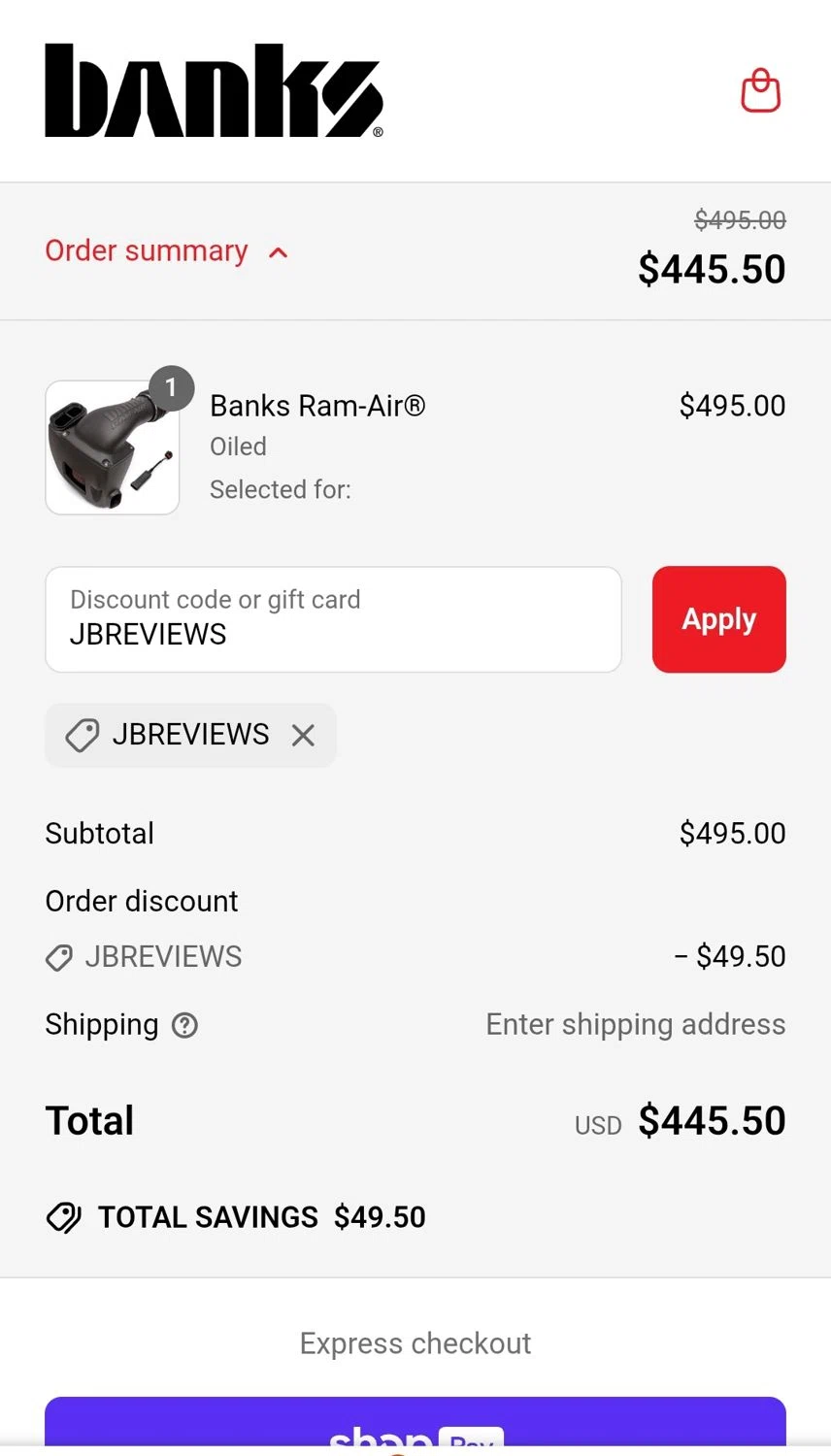 Banks Power discount code screenshot showing code JBREVIEWS applied at Banks Power checkout page. Uploaded by SimplyCodes community member JuanMonge on May 30, 2025
