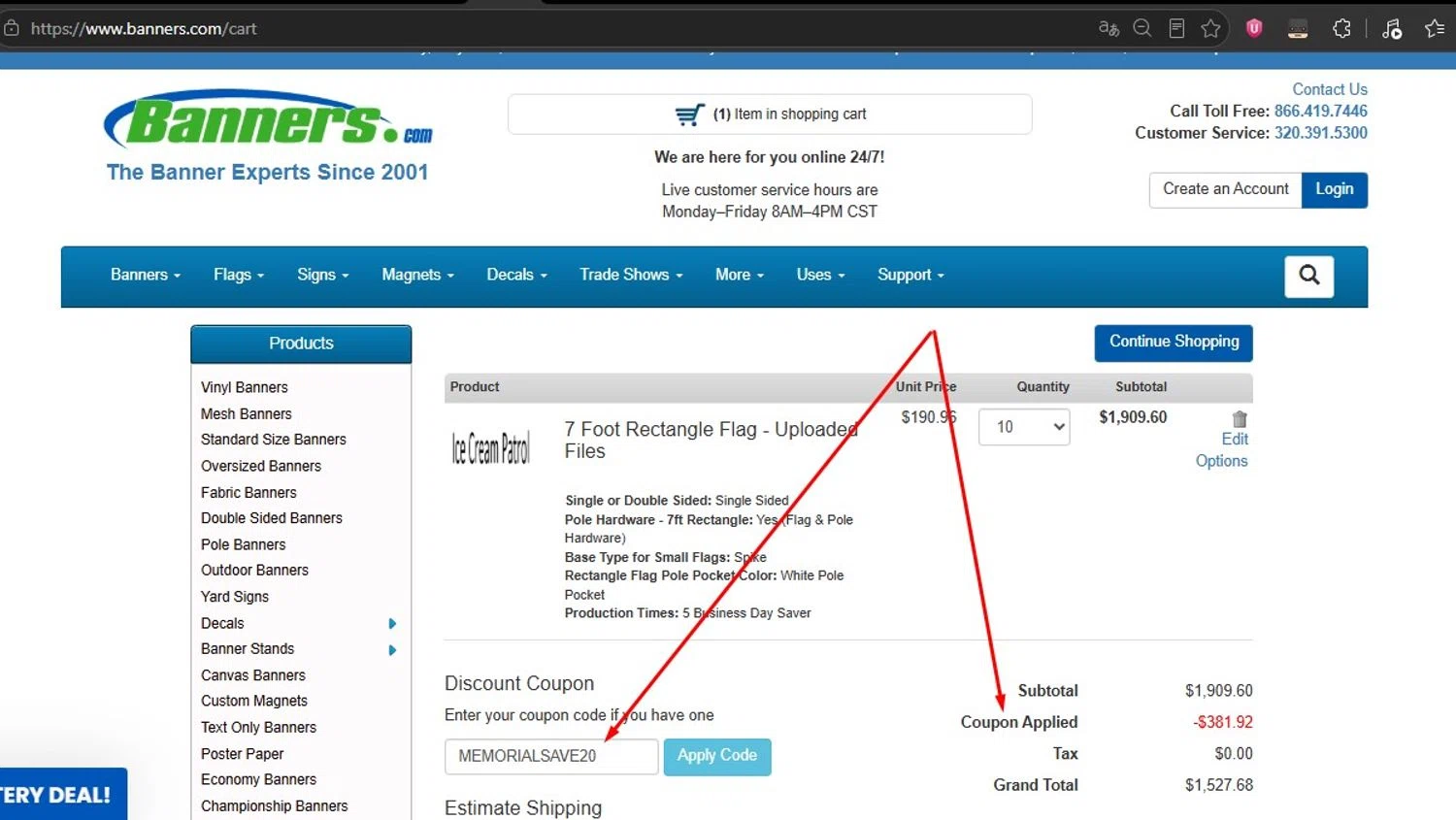 Banners.com promo code screenshot showing code MEMORIALSAVE20 applied at Banners.com checkout page. Uploaded by SimplyCodes community member HonestVzla on May 25, 2026
