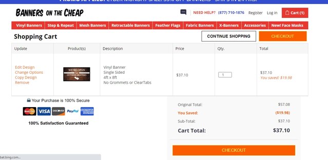 Banners on the cheap checkout page showing Banners on the cheap promo code box | Screenshot taken by SimplyCodes community member on Dec 2, 2020