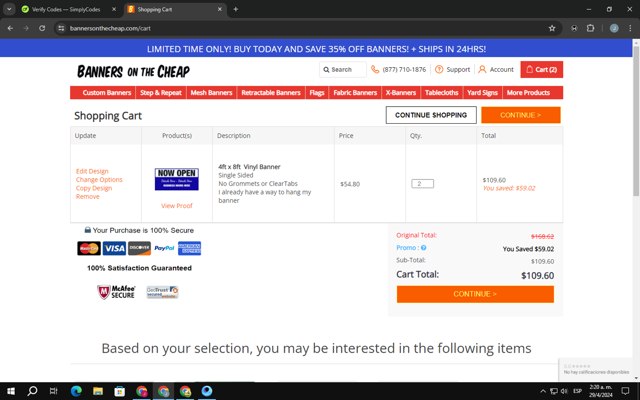 Banners on the cheap checkout page showing Banners on the cheap promo code box | Screenshot taken by SimplyCodes community member on Apr 29, 2024