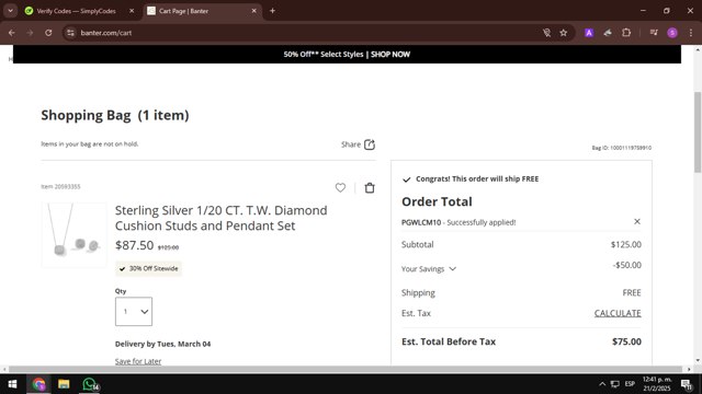 Banter checkout page showing Banter promo code box | Screenshot taken by SimplyCodes community member on Feb 21, 2025