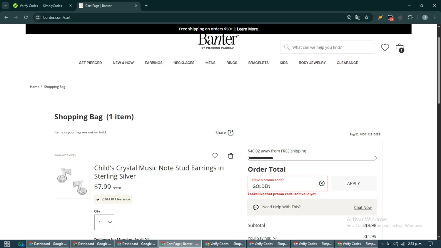 Banter promo code screenshot showing code GOLDEN applied at Banter checkout page. Uploaded by SimplyCodes community member CashShopper1214 on Apr 9, 2025