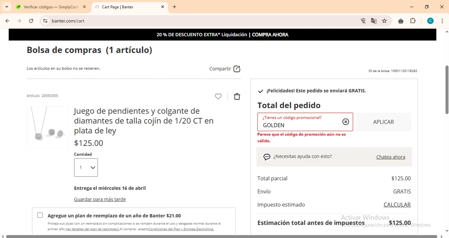 Banter promo code screenshot showing code GOLDEN applied at Banter checkout page. Uploaded by SimplyCodes community member ramon26 on Apr 9, 2025