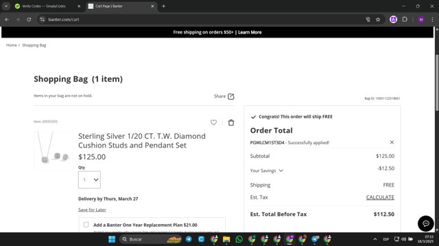 Banter checkout page showing Banter promo code box | Screenshot taken by SimplyCodes community member on Mar 18, 2025