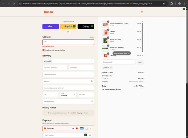 BANZA checkout page showing BANZA promo code box | Screenshot taken by SimplyCodes community member on Aug 31, 2025