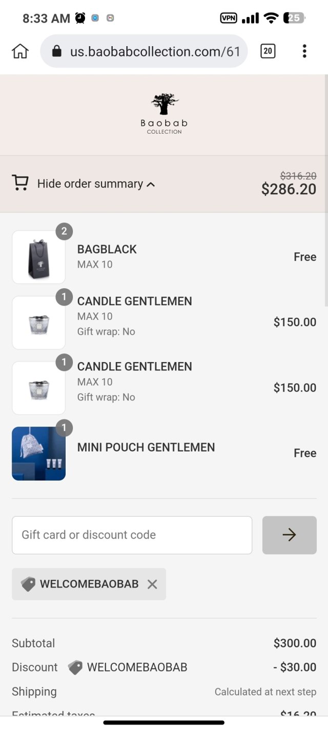 Baobab Collection checkout page showing Baobab Collection promo code box | Screenshot taken by SimplyCodes community member on Jun 18, 2023