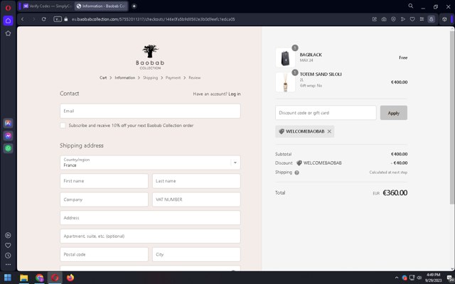 Baobab Collection checkout page showing Baobab Collection promo code box | Screenshot taken by SimplyCodes community member on Sep 30, 2023