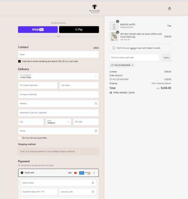 Baobab Collection checkout page showing Baobab Collection promo code box | Screenshot taken by SimplyCodes community member on Jul 22, 2024