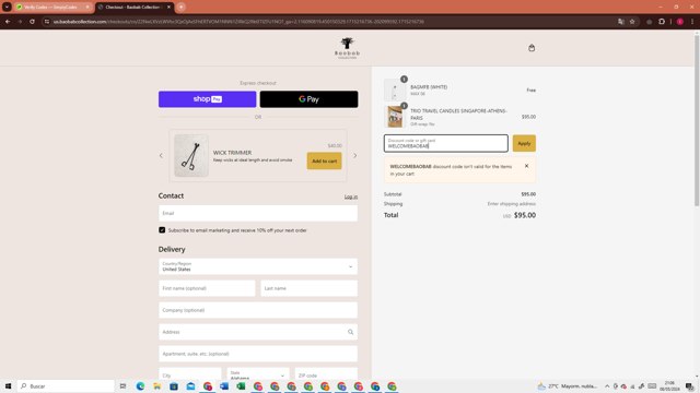 Baobab Collection checkout page showing Baobab Collection promo code box | Screenshot taken by SimplyCodes community member on May 9, 2024