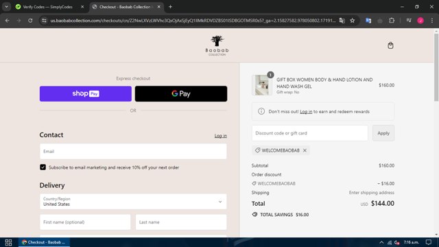 Baobab Collection checkout page showing Baobab Collection promo code box | Screenshot taken by SimplyCodes community member on Jun 23, 2024