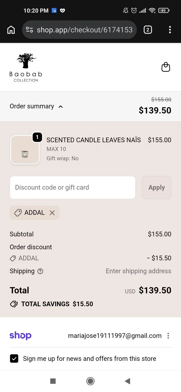 Baobab Collection promo code screenshot showing code Addal applied at Baobab Collection checkout page. Uploaded by SimplyCodes community member Mujerdejunnior on Feb 21, 2026