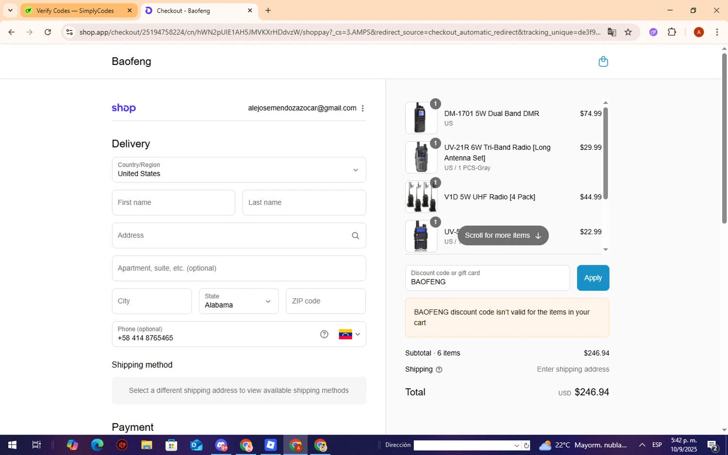 BaoFeng promo code screenshot showing code BAOFENG applied at BaoFeng checkout page. Uploaded by SimplyCodes community member CryBabyy on Sep 10, 2025