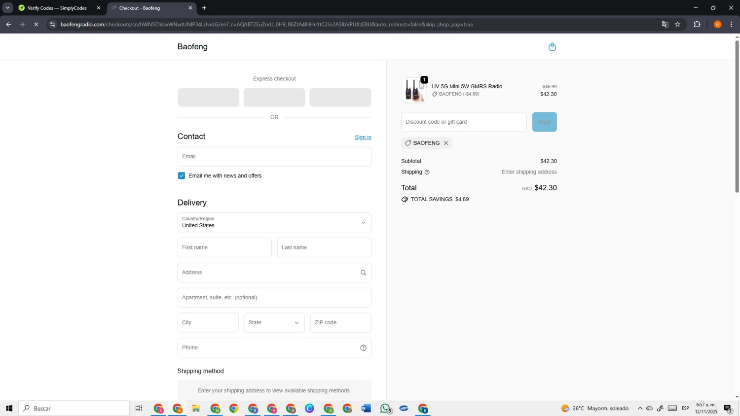 BaoFeng promo code screenshot showing code BAOFENG applied at BaoFeng checkout page. Uploaded by SimplyCodes community member VoucherSage2253 on Nov 12, 2025