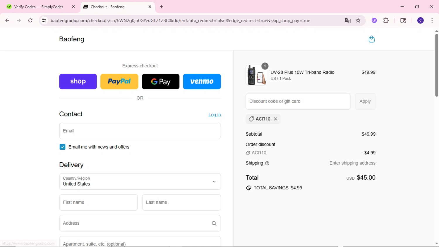 BaoFeng promo code screenshot showing code ACR10 applied at BaoFeng checkout page. Uploaded by SimplyCodes community member MoneyWizard2699 on Sep 6, 2025