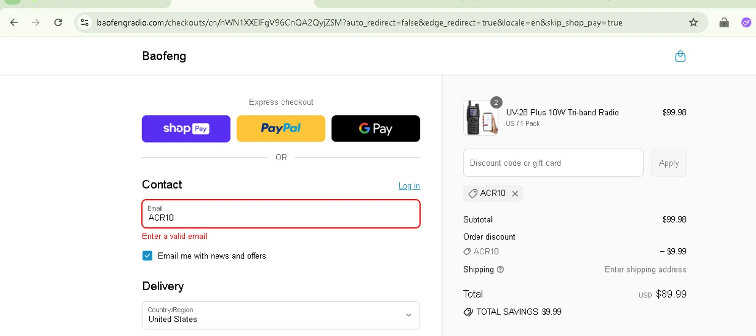 BaoFeng promo code screenshot showing code ACR10 applied at BaoFeng checkout page. Uploaded by SimplyCodes community member TreasureMaverick5280 on Aug 7, 2025