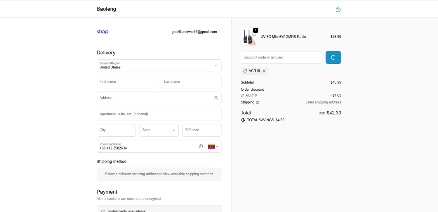 BaoFeng promo code screenshot showing code ACR10 applied at BaoFeng checkout page. Uploaded by SimplyCodes community member dimitriv on Nov 6, 2025